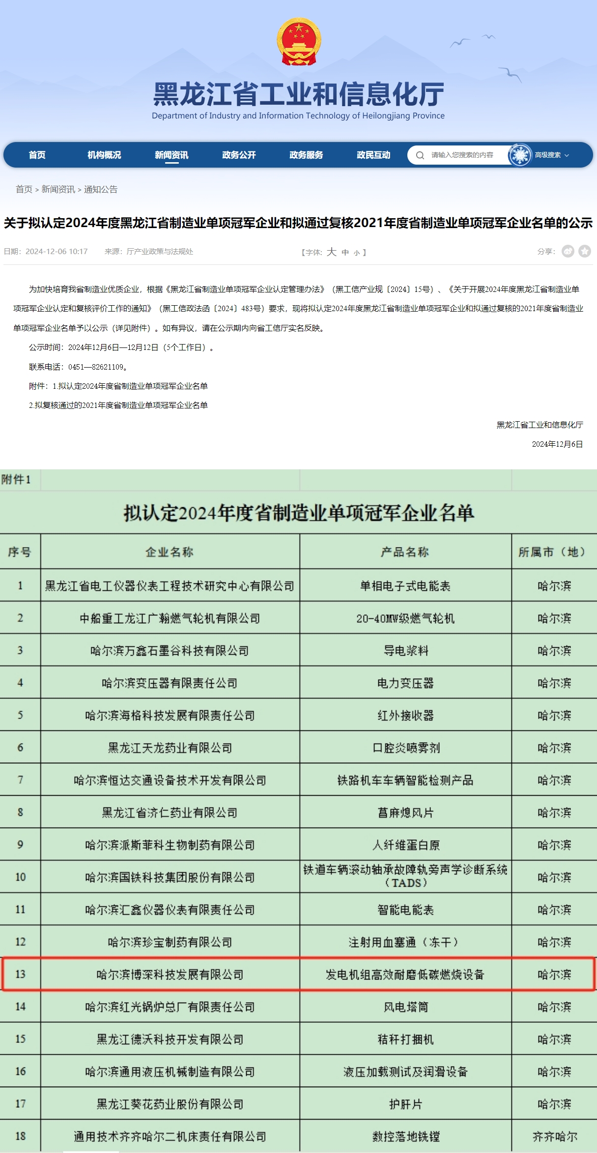喜訊！哈博深榮獲2024年(nián)【黑(hēi)龍江省制(zhì)造業(yè)單項冠軍企業(yè)】稱号